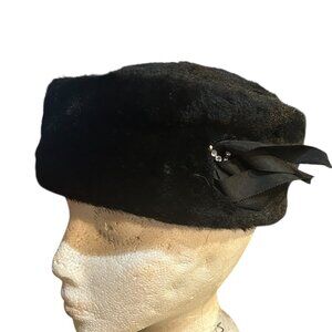 Vintage Black Faux‎ Fur Pillbox Hat Rhinestone Ribbon Detail Retro Goth Edgy